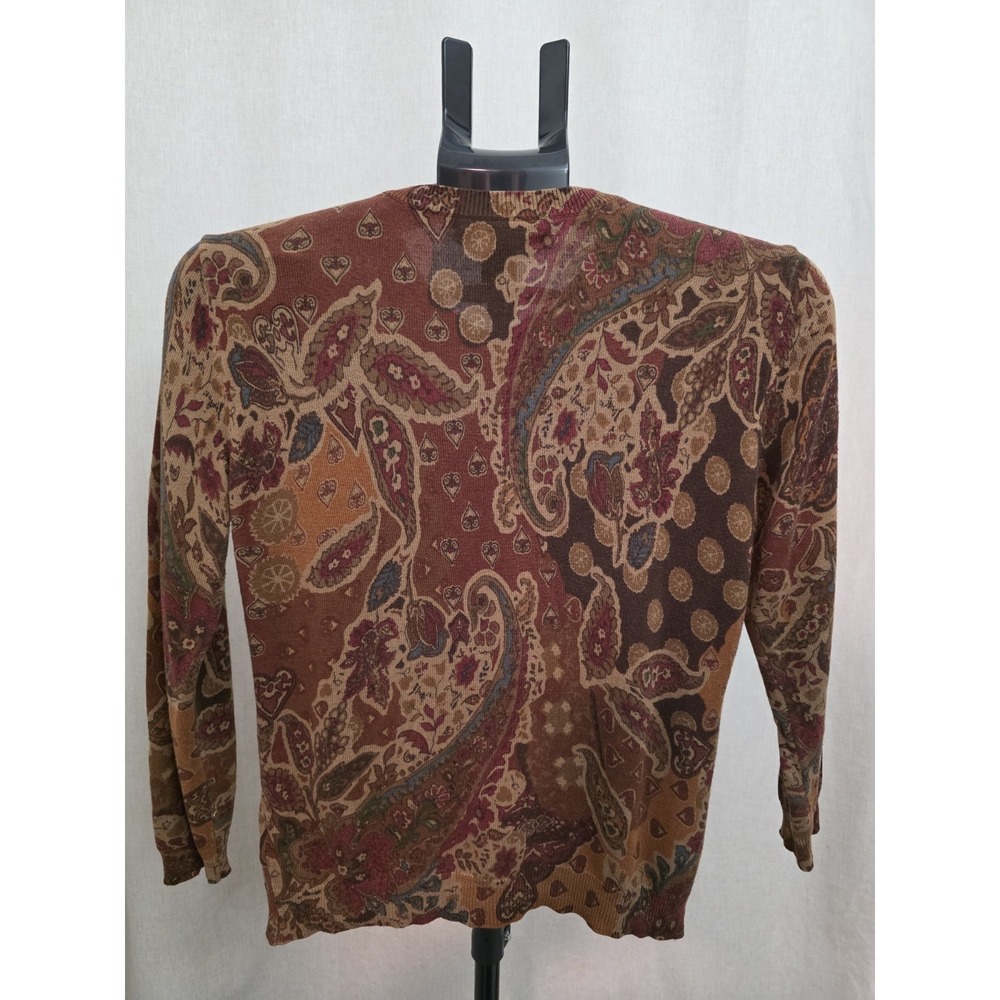 Lauren Ralph Lauren Brown Paisley Silk Cotton Knit Button Cardigan Sweater M - Picture 2 of 5